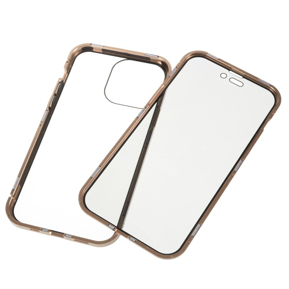 iPhone 14 Pro Max Magnetische Alu Schutzhülle mit Panzer Glas Backcover   Privacy Glas Displayschutz (Magnet-Technologie) - Gold