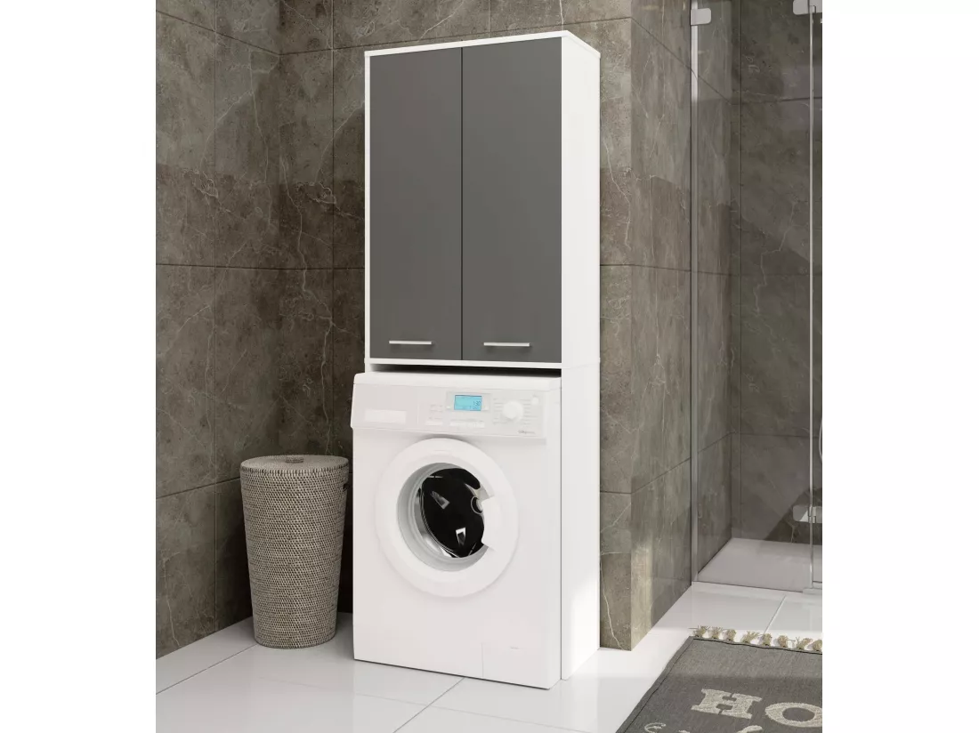Meuble pour machine à laver FIN Blanche 64 cm 2 portes façade Gris Graphite 4 étagères 64x30x180 cm