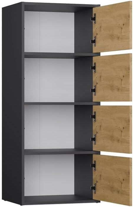 CDF Kommode Schrank Hochschrank mit 4 Türen und Einlegeböden - für Wohnzimmer Schlafzimmer Flur Büro – Grifflose Fronten – Modernes Design und langlebige Ausführung – Anthrazit Eiche Artisan Alma