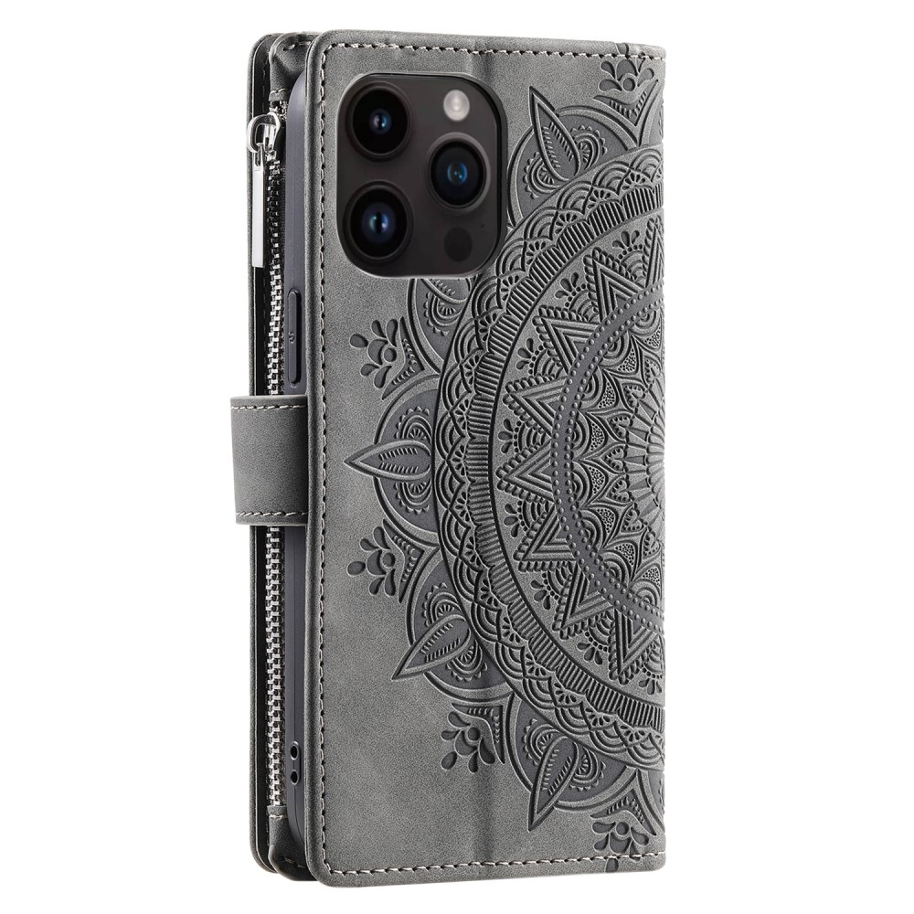 iPhone 15 Pro Leder Tasche Flip Cover mit Reissverschluss - Mandala Flowers Imprint - Grau