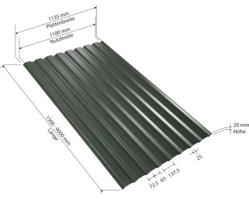PRECIT trapezium wandpaneel W20LA dennengroen RAL 6020 vaste breedte 1135 mm x dikte 0,5 mm (verkocht per meter van 150 tot max. 900 cm)