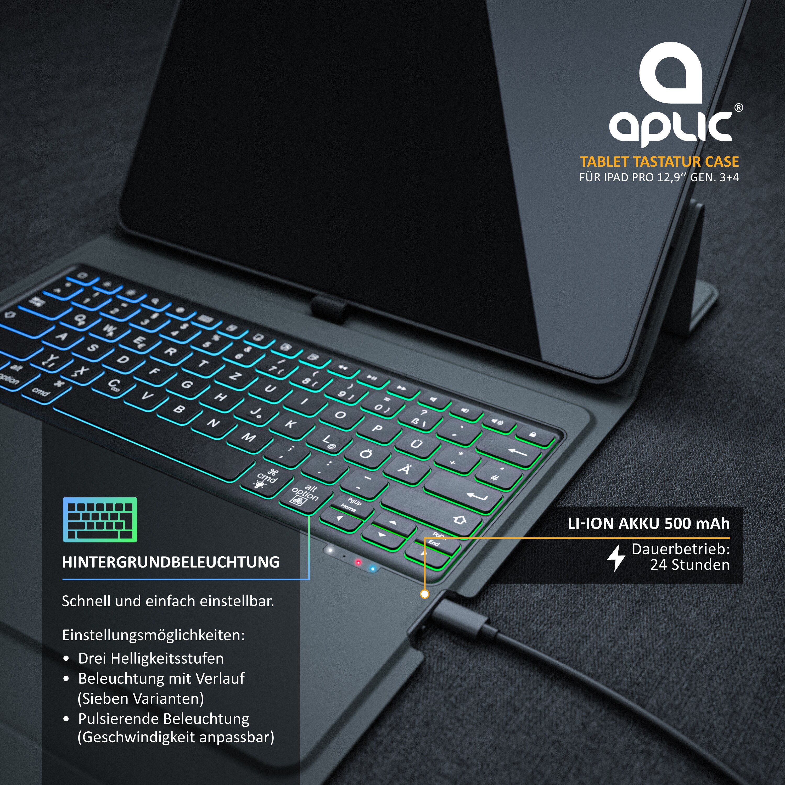 Aplic Bluetooth Tastatur kompatibel mit iPad Pro 12,9 Zoll - Gen 3 + 4 - 500 mAh Akku - inkl. Hülle - Tablet Keyboard kompatibel mit Apple Layout