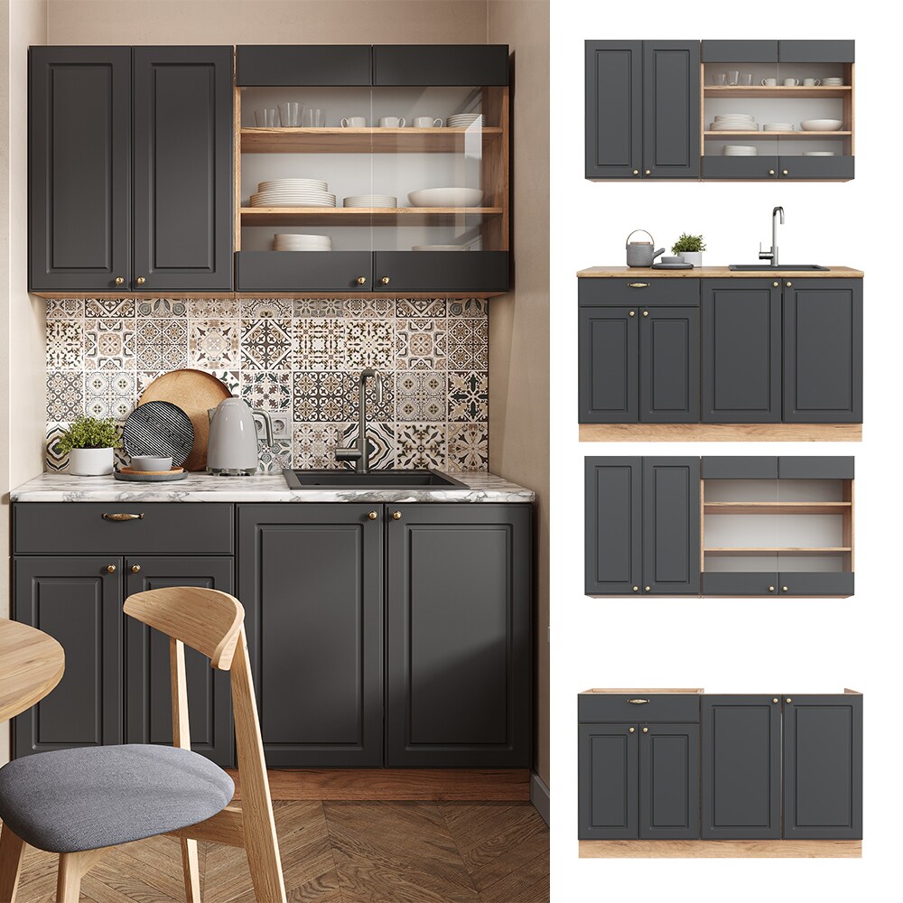 Vicco Küchenzeile Küchenblock Einbauküche Fame-Line Single Landhaus Eiche Anthrazit Gold 140 cm modern Küchen Schränke Spülenunterschrank Schubunterschrank Hängeschrank Hängeglasschrank