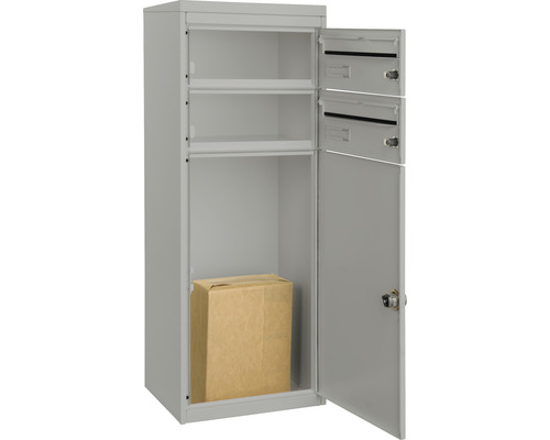 MEFA pakketbrievenbus, gepoedercoat staal, BxHxD 410/1025/325 mm, Mana 482, wit aluminium RAL 9006, toegang aan de voorzijde, 3 compartimenten met 2 naamplaatjes