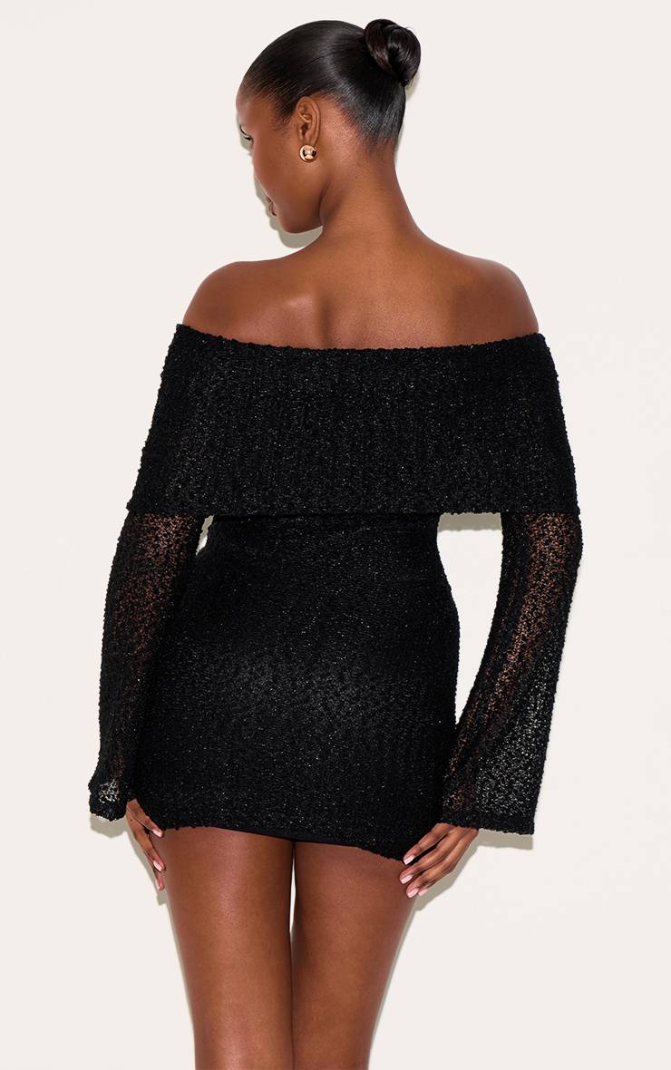 Noir Robe Courte Texturée À Épaules Dénudées Et Manches Évasées Longues