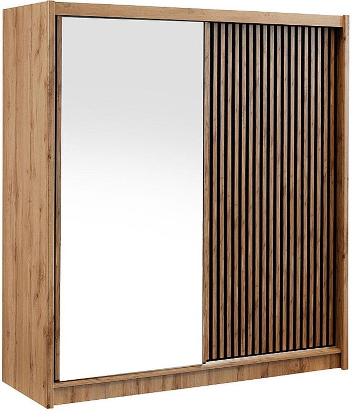 CALOWI - Kast - Houteffect en Zwart - Met 2 Schuifdeuren en Spiegel - L203 cm