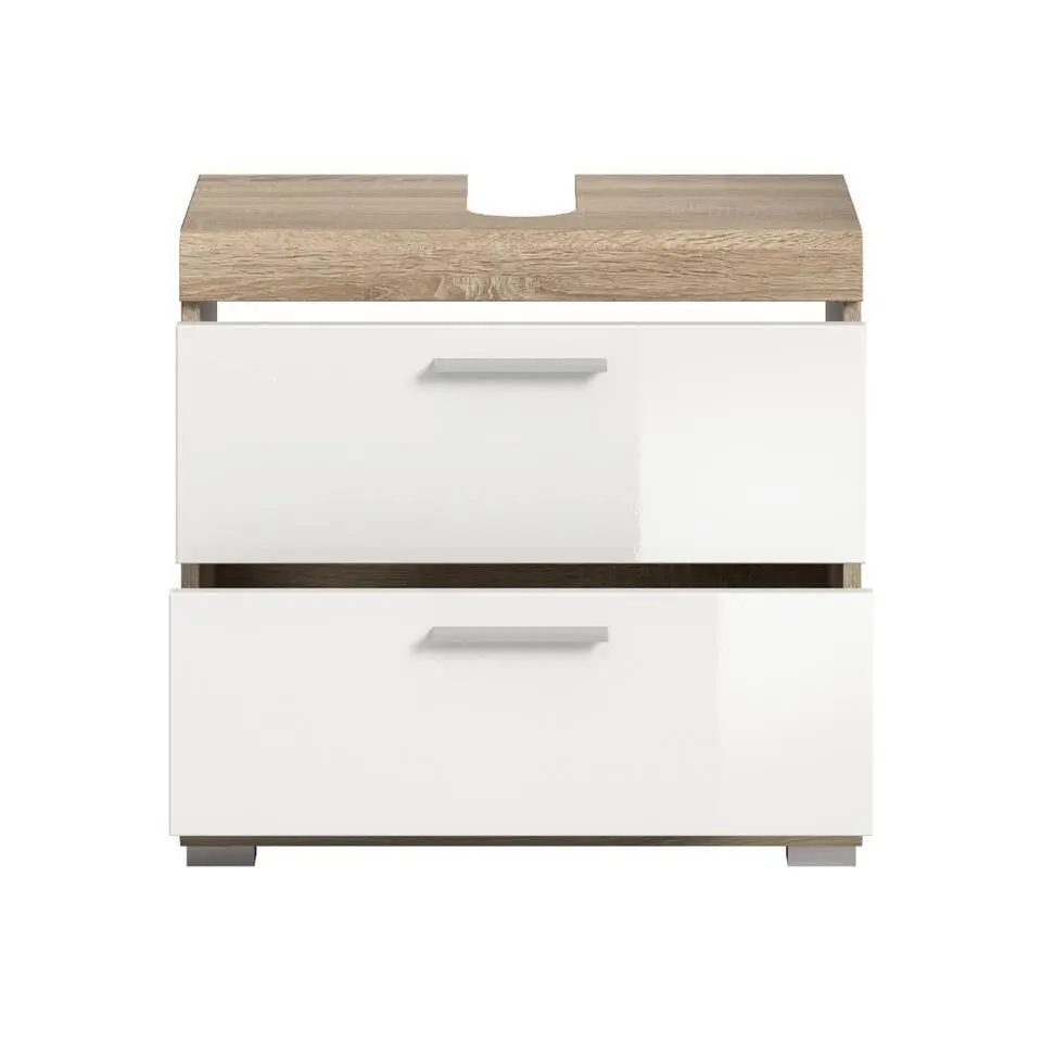 Hioshop Lambada wastafel 2 deuren- 2 lades- 2 planken wit hoogglans- eiken