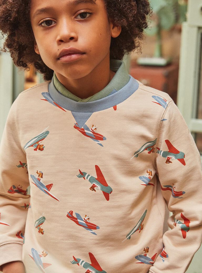 Sweat beige clair en molleton à imprimé avions