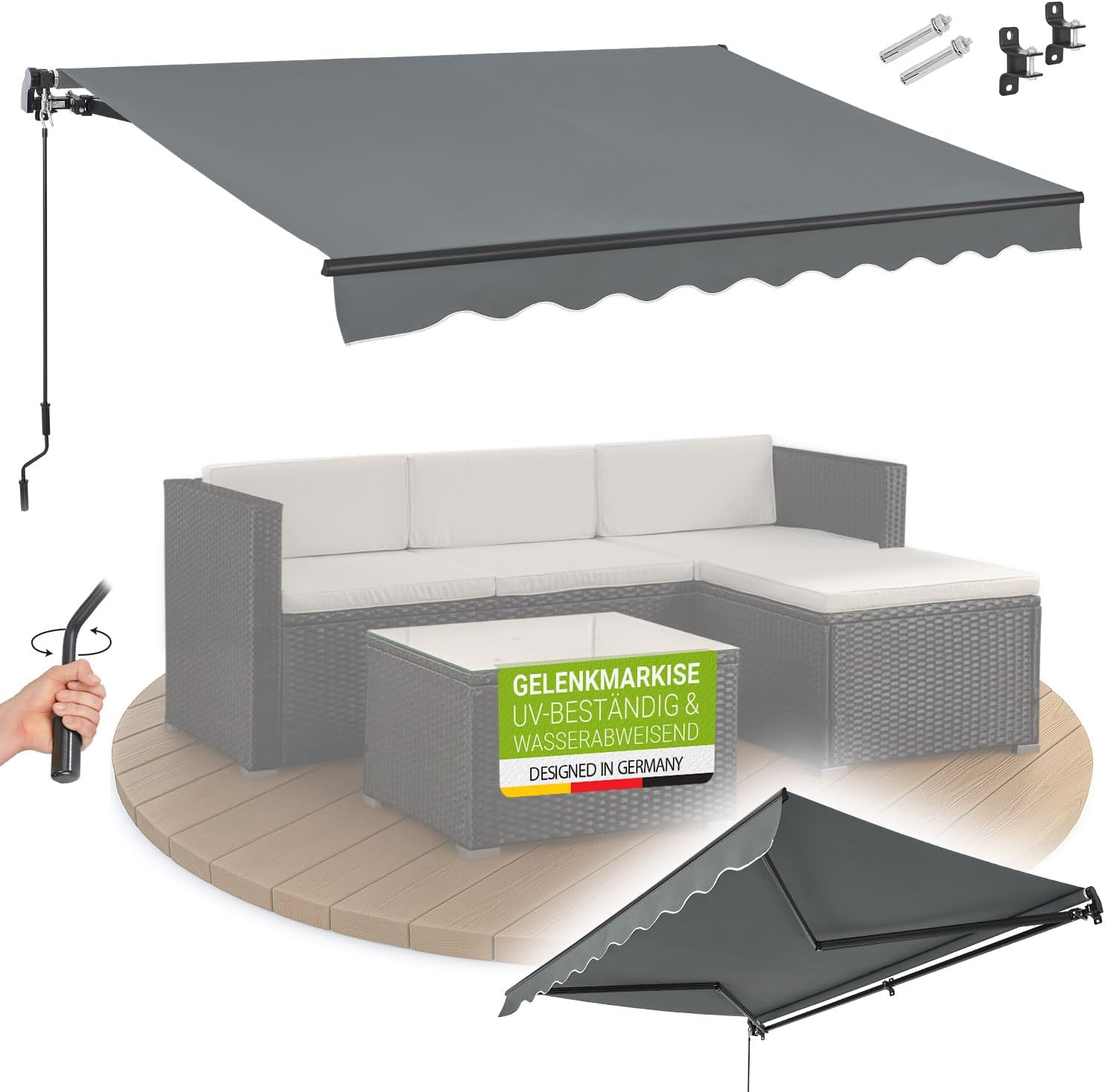 Juskys® Gelenkarmmarkise 400 x 300 cm, UV40+ & wasserabweisend, mit Kurbel & Wandhalterung Länge + Winkel einstellbar, Markise für Terrasse & Balkon, Sonnenschutz Balkonmarkise Gelenkmarkise, Grau