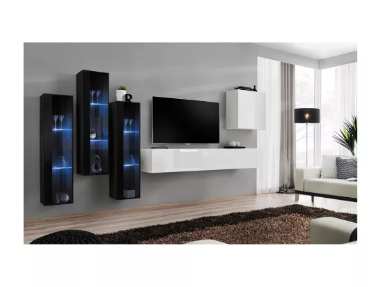 Ensemble meuble salon mural SWITCH XIII design, coloris blanc brillant et noir.