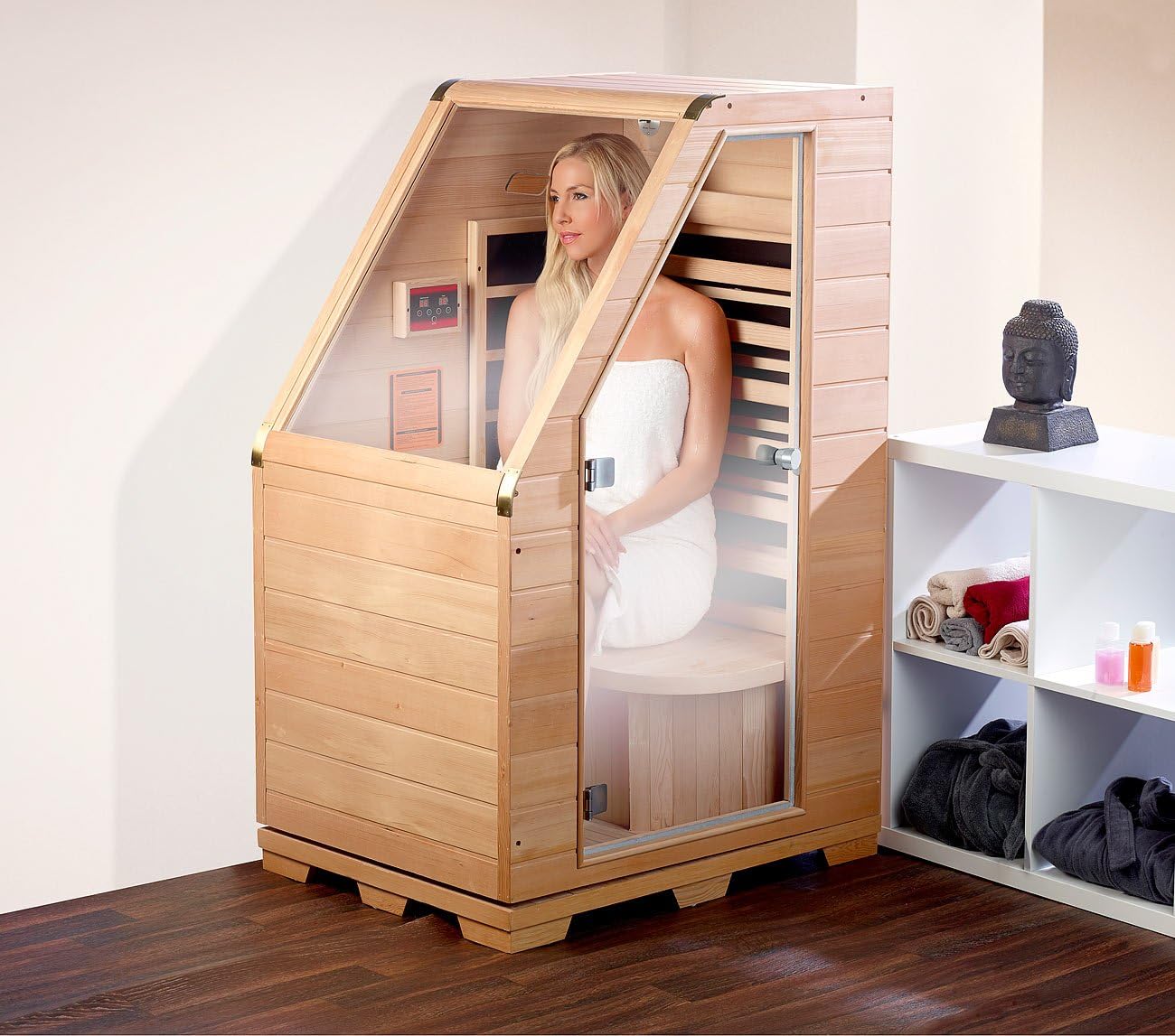 newgen medicals Infrarotkabine: Kompakte Infrarot-Sitzsauna aus Hemlock-Holz; 760 W; 0.62 m² (Infrarotsauna, Minisauna, Infrarotsitz für Sauna)