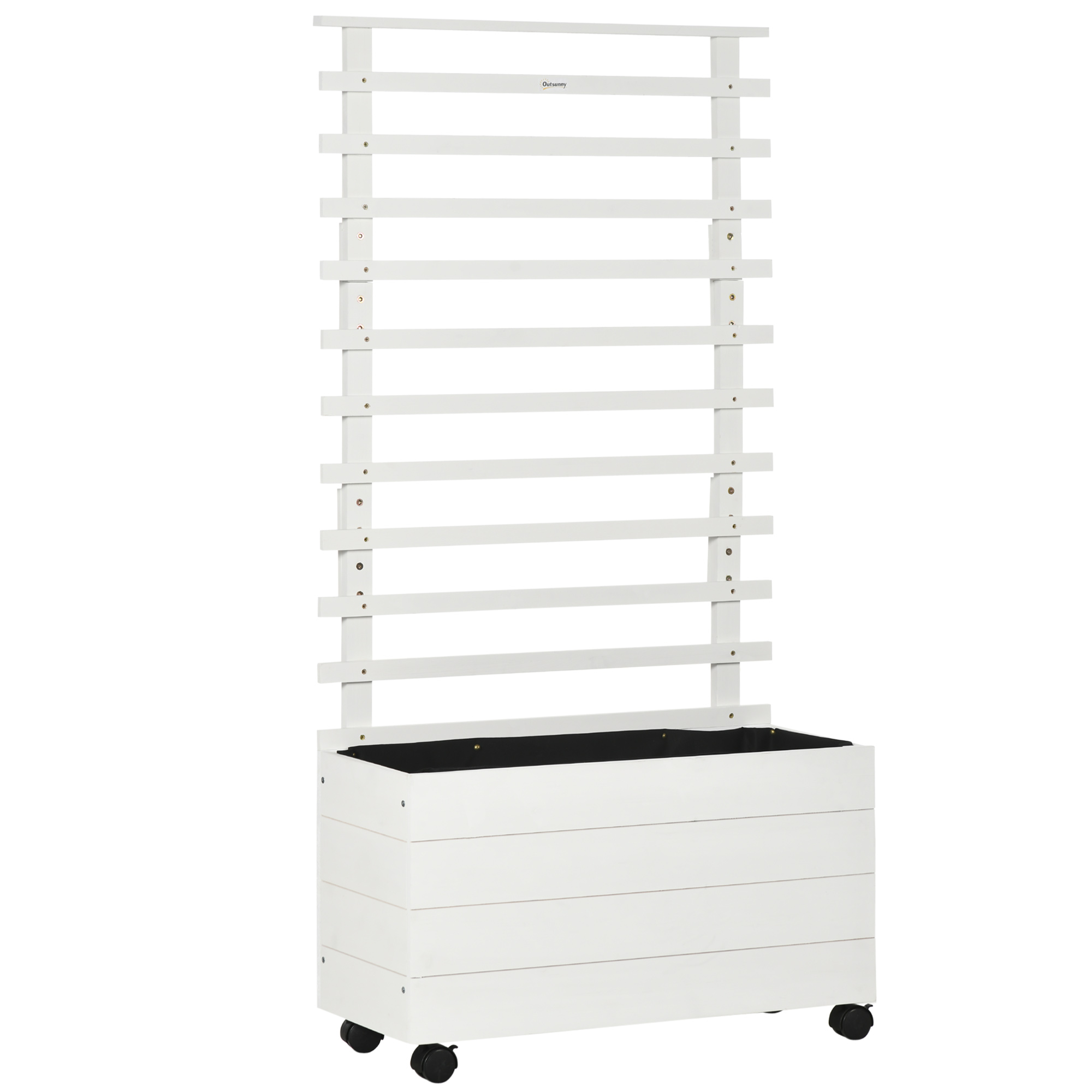 Jardineira de madeira maciça Outsunny com 4 rodas, suporte para plantas trepadeiras e tecido geotêxtil para o cultivo de plantas e flores, 76x30x155 cm, branca.