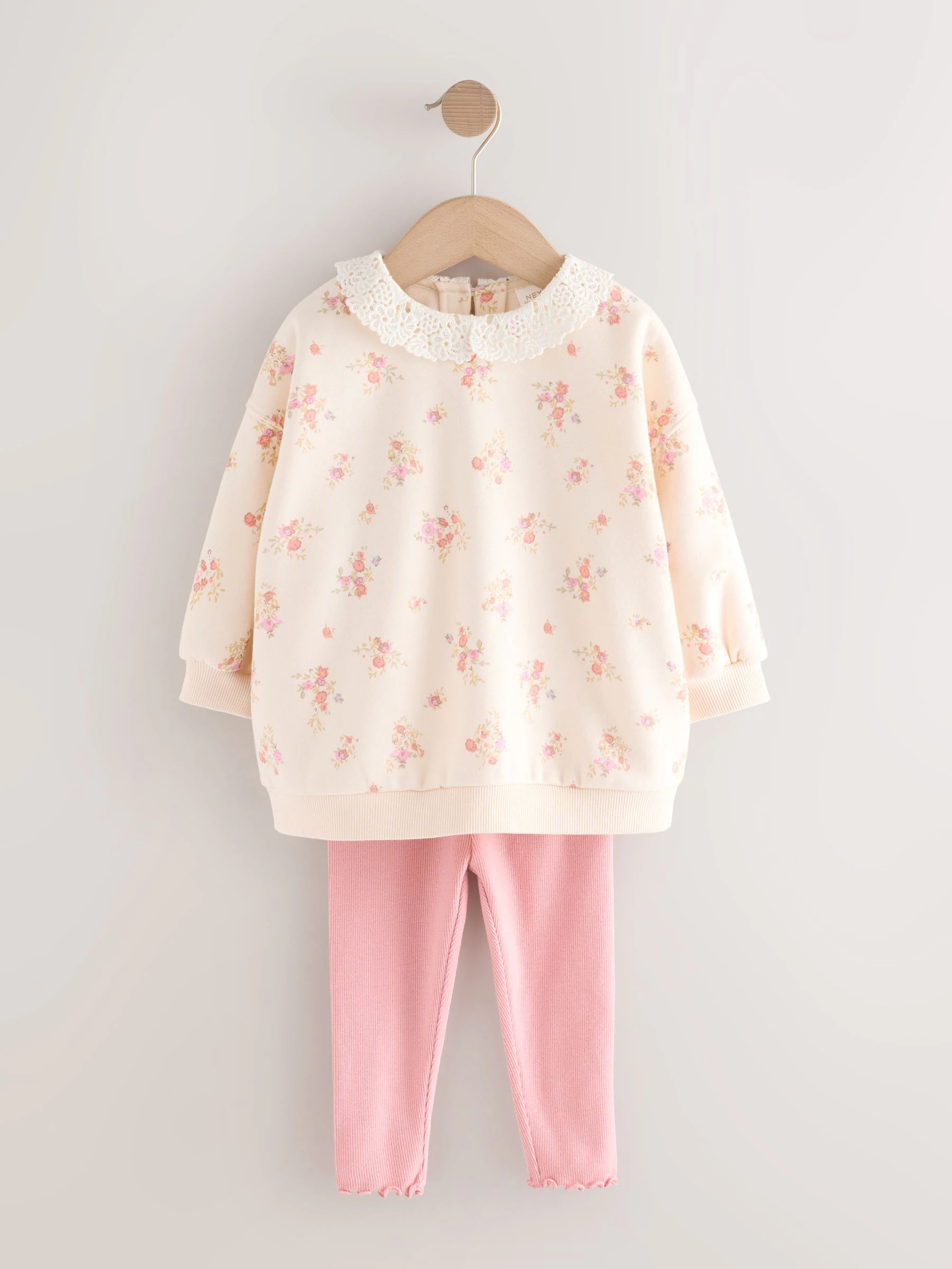 Lichtroze met fijne bloemenprint - Set van sweatshirt met kraag en legging (3mnd-7jr)