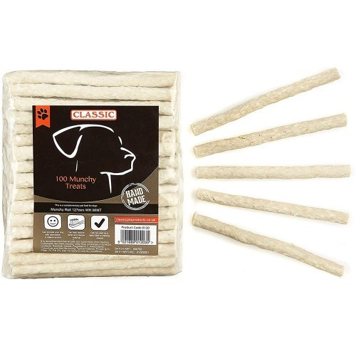 Pastilhas refrescantes para hálito de cães com sabor de menta.