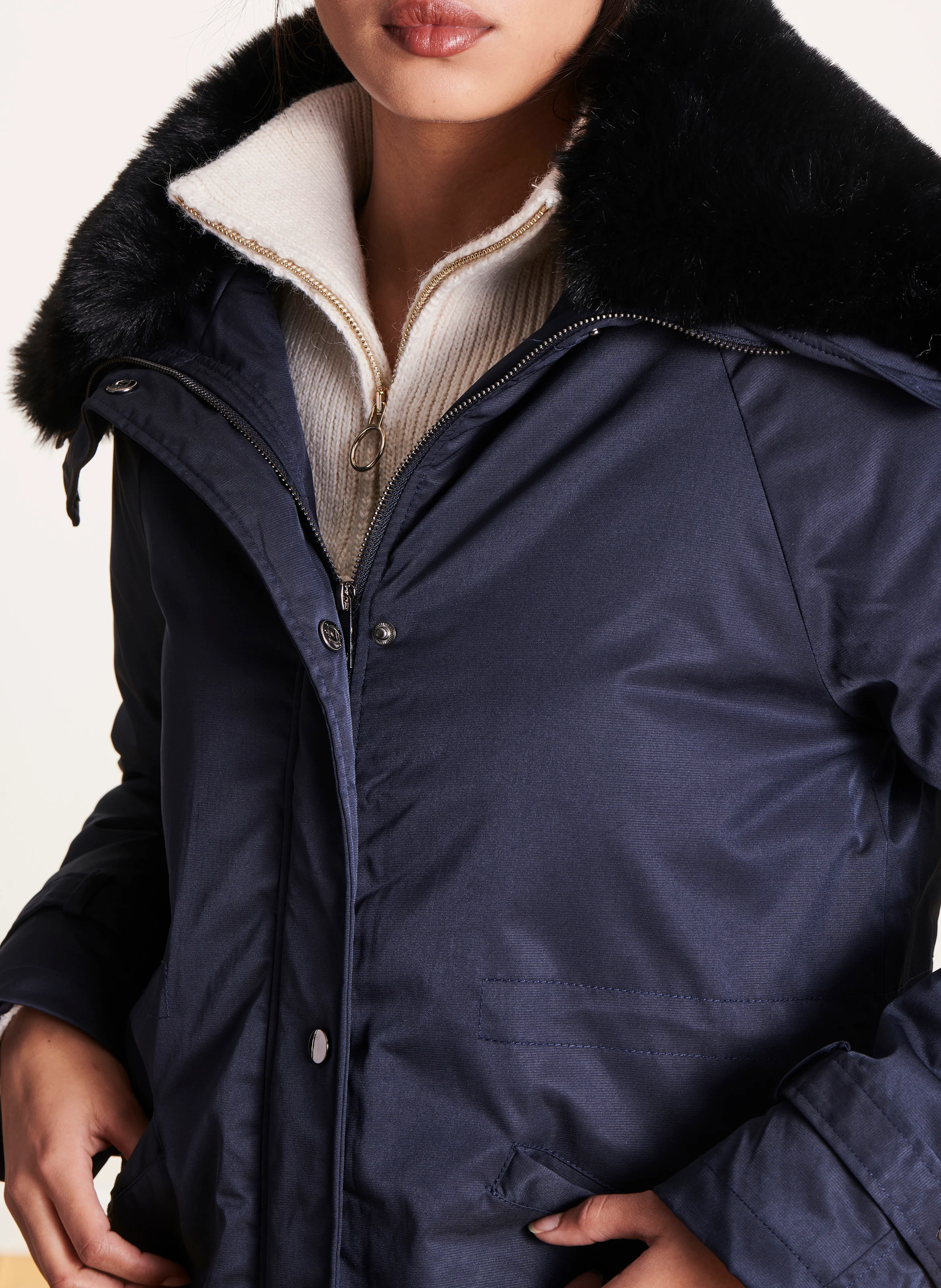 Parka mi-longue droite effet fourrure | Bleu