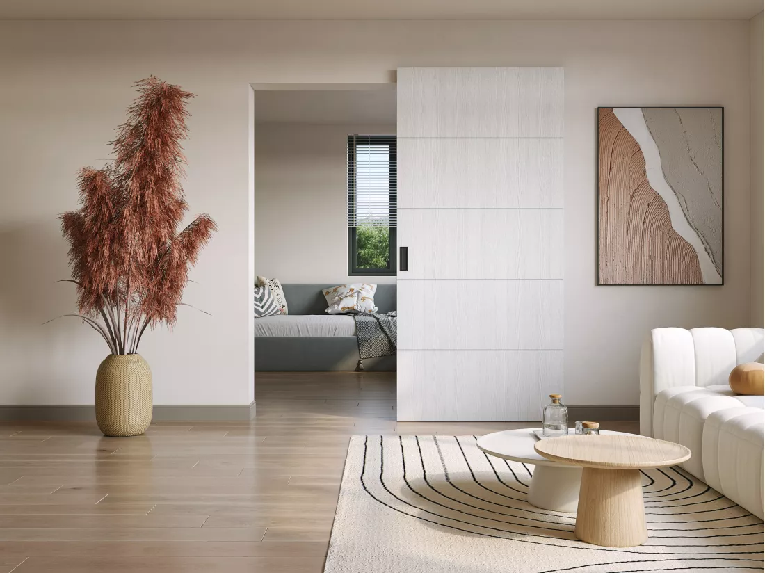 Porte coulissante en bois et MDF avec rail invisible - Blanc - 93 x 210 cm - SOMIRI