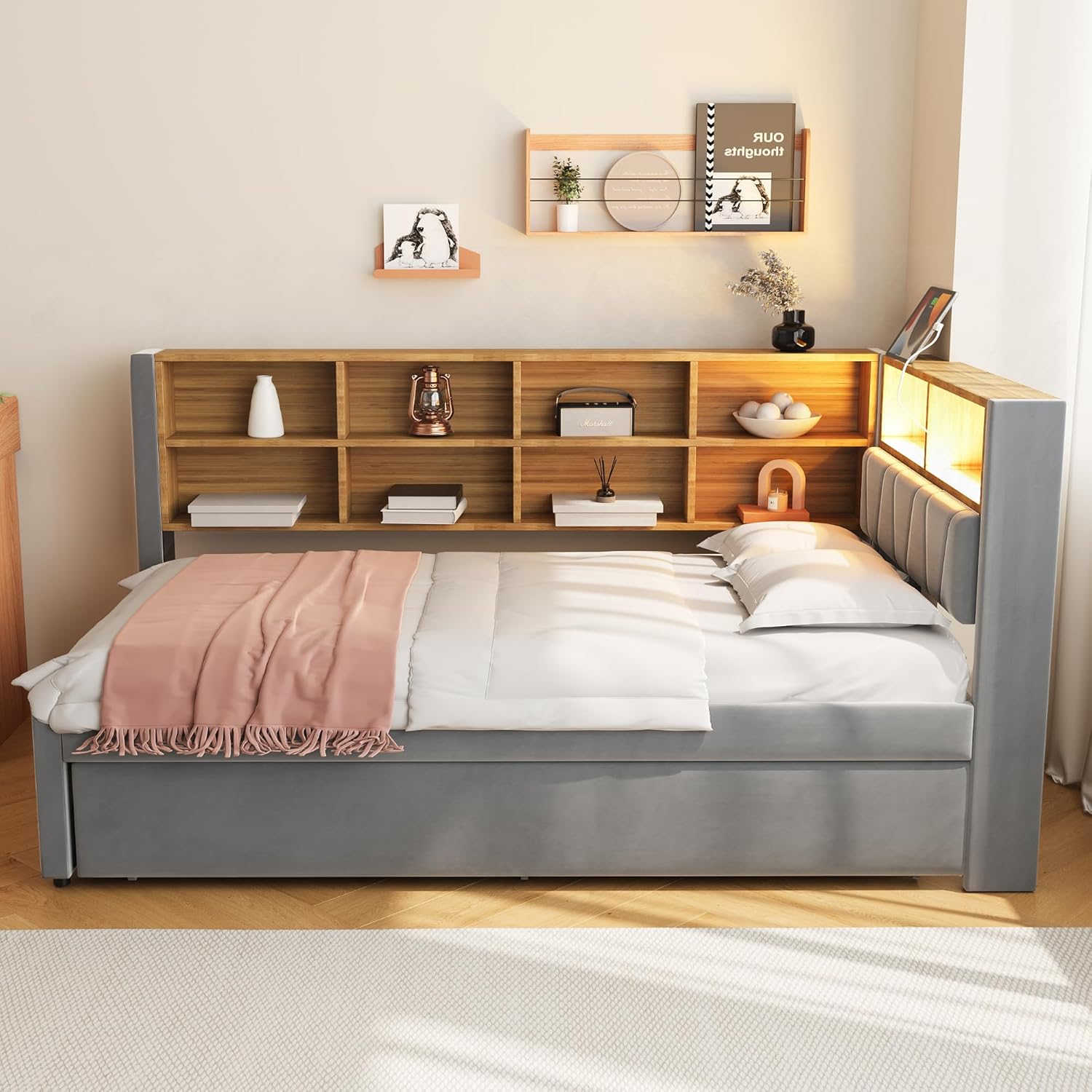 Polsterbett Einzelbett 90x200, Tagesbett Schlafsofa mit Ausziehbett&LED Licht&USB-Anschluss&vielen Ablagefächern, Bettgestell Gästebett Jugendbett mit Lattenrost, Flanell, Ohne Matratze, Dunkelgrau OX0194603