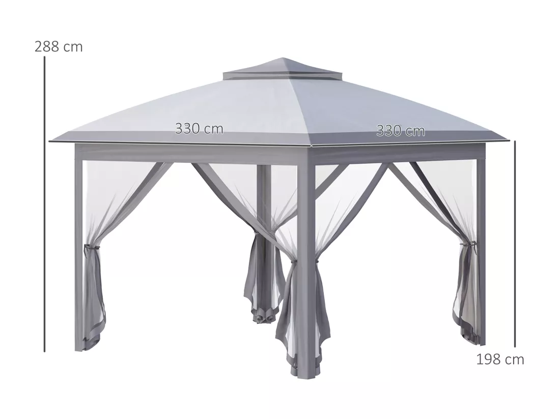 Tonnelle barnum automatique pop-up dim. 3,3L x 3,3l x 2,88H m moustiquaires sac transport métal oxford gris