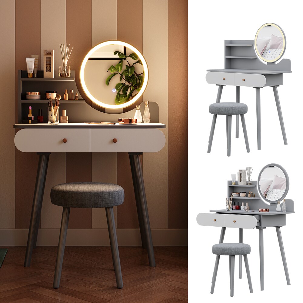 Vicco Schminktisch Edda LED-Spiegel Hocker 80 x 121 cm Grau Weiß Frisiertisch