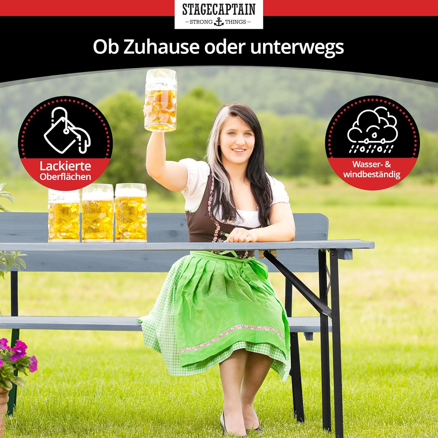 Stagecaptain BBDL-119 GY Hirschgarten Bierzeltgarnitur mit Lehne für Balkon - 119 cm Länge - Klappbare Festzeltgarnitur 1x Tisch, 2X Bank - Holz Sitzgarnitur - Innen & Außenbereich - Grau