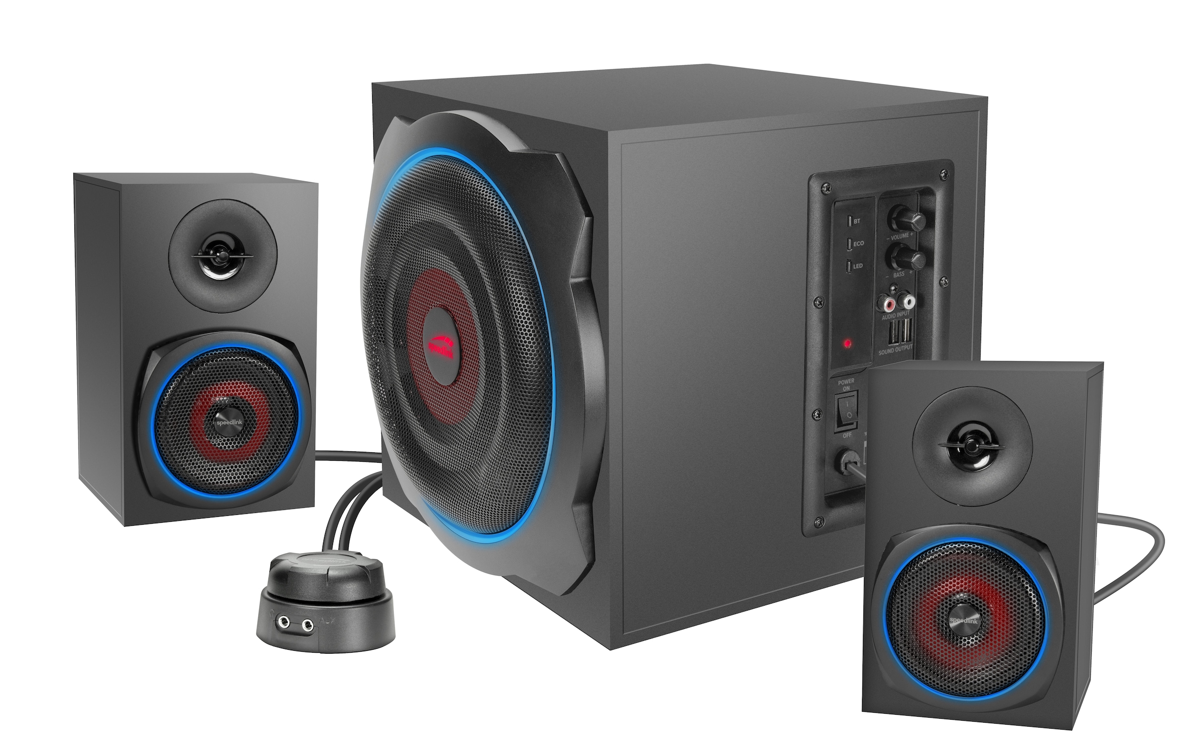 Speedlink 2.1 Soundsystem »GRAVITY LT RGB Subwoofer System aus Holz mit Bluetooth« 2.1 ( ) 40 W RMS, 80 W Spitzenleistung, 3,5mm Klinke, RGB-Tischfernbedienung