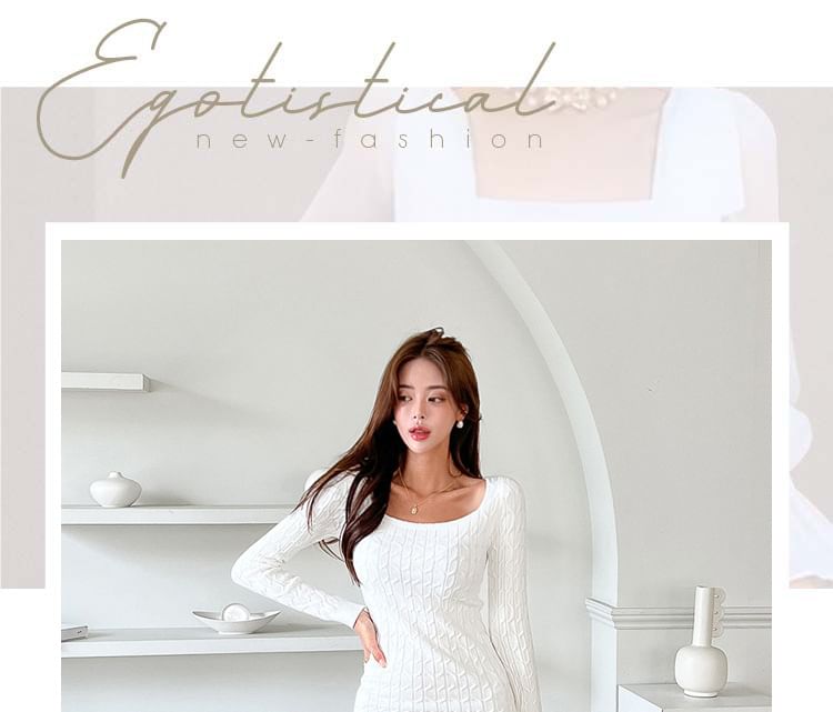 Girls Supply - Mini-jurk met lange mouwen en vierkante hals, effen geribbeld breisel