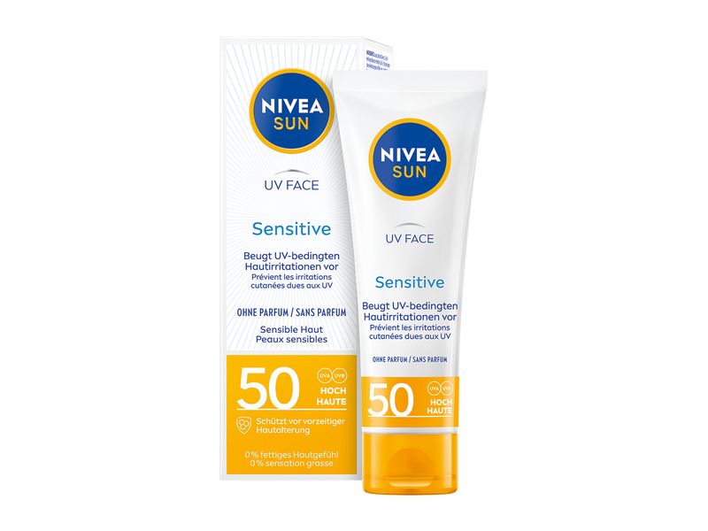 NIVEA SUN Sonnencreme UV Face Sensitive LSF 50 50 ml Feuchtigkeitsspendender Sonnenschutz für sensible Haut