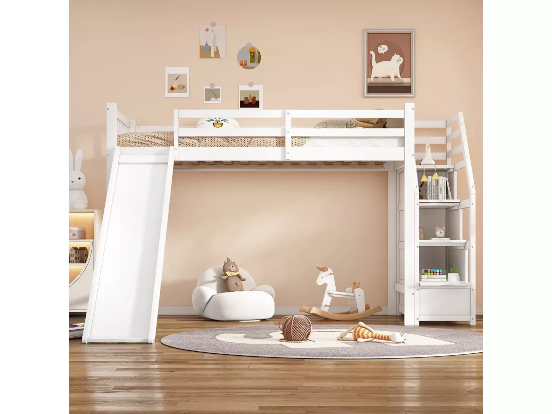 Lit mezzanine 90 x 200 cm avec toboggan et escalier de rangement - Pin et MDF - EN747 certifié - Blanc