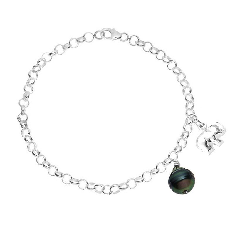 Bracelet Perle de Tahiti et Elephant en Argent Massif 925