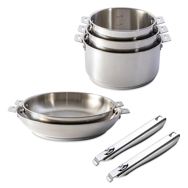 Lot 3 casseroles et 2 poêles tout inox Clips’inox et 2 manches amovibl