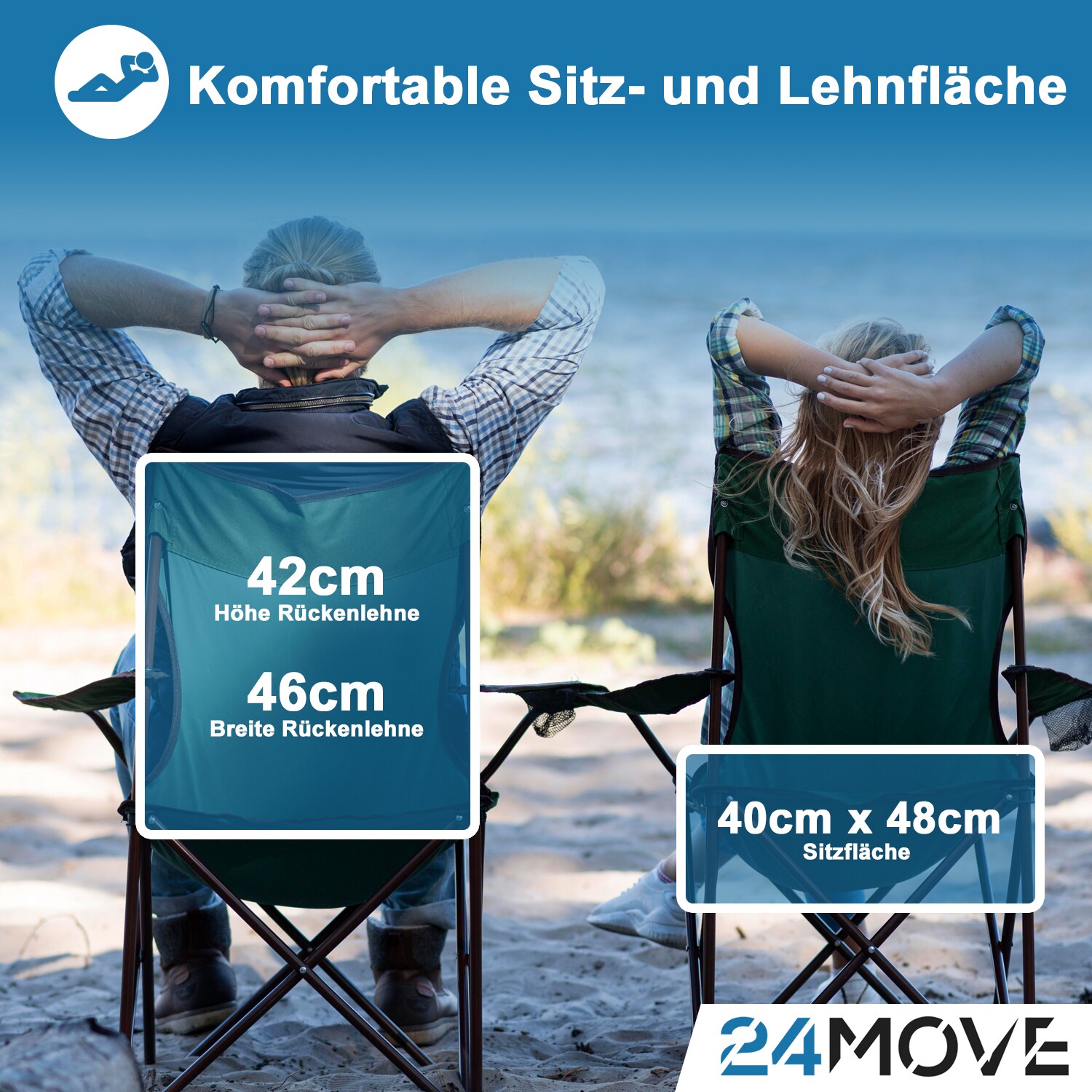 24MOVE® Campingstuhl Faltstuhl, schwarz, mit Getränkehalter und Tragetasche Outdoor, faltbar max. 100kg, Angerstuhl, Klappstuhl