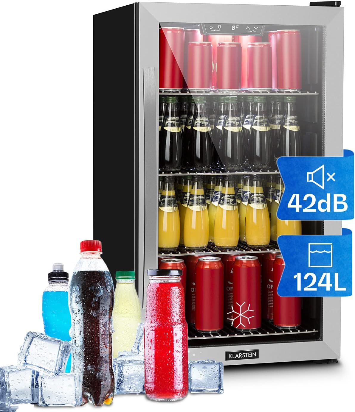 Klarstein Mini Kühlschrank mit Glastür, Mini-Kühlschrank für Zimmer, Getränkekühlschrank Klein mit Verstellbaren Ablagen, Kleiner Kühlschrank 124 L, Indoor/Outdoor Kühlschrank Leise