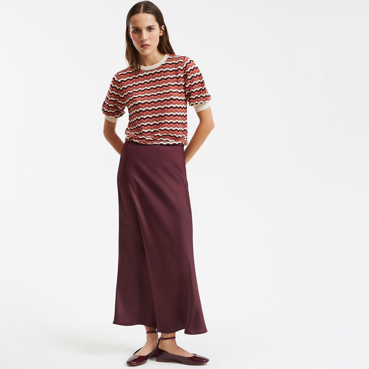 COLEÇÕES LA REDOUTE<br>Saia longa com detalhe de bandeira em cetim fosco, modelo Signature MARION