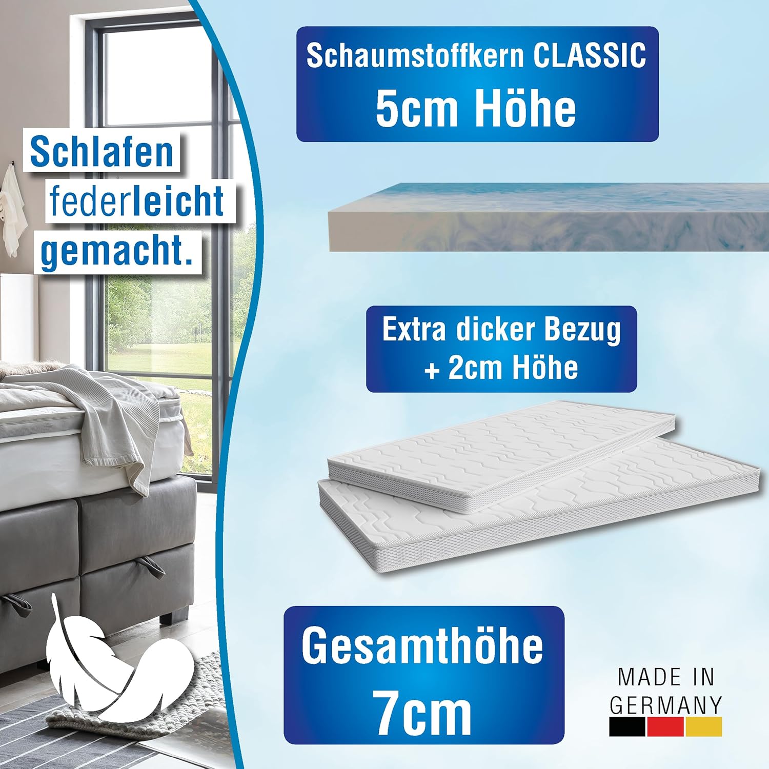 Kaltschaum Topper 180x200 cm – 7cm Matratzentopper H4 hart – orthopädische Matratzenauflage für alle Matratzen & Betten – atmungsaktiv, ergonomisch & Allergiker geeignet