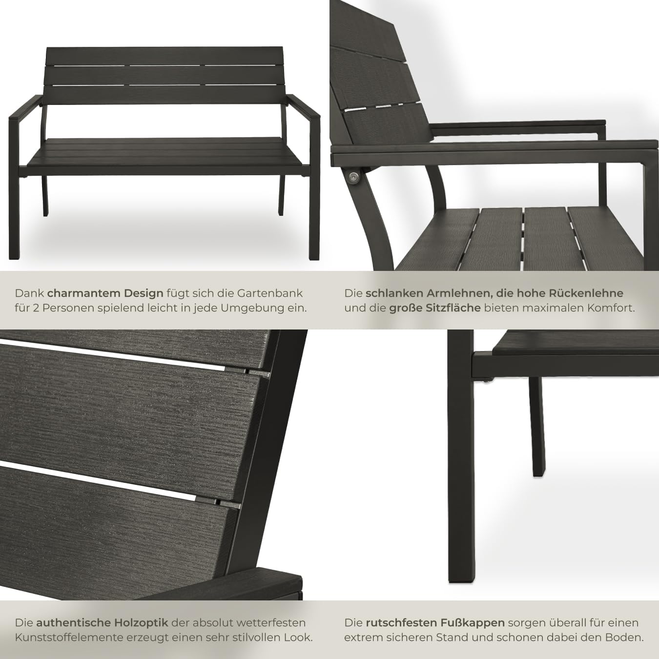 tectake® Gartenbank, Bank in Holzoptik, Parkbank als Gartenmöbel, Balkonbank Sitzbank für Wintergarten, Terrasse, Garten bis 250 kg belastbar, 2-Sitzer Parkbank, 128 x 59 x 88 cm - dunkelgrau