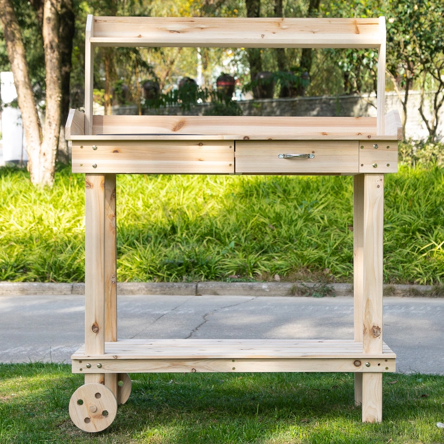 Outsunny Gärtnertisch mit Waschbecken und Rollen holz