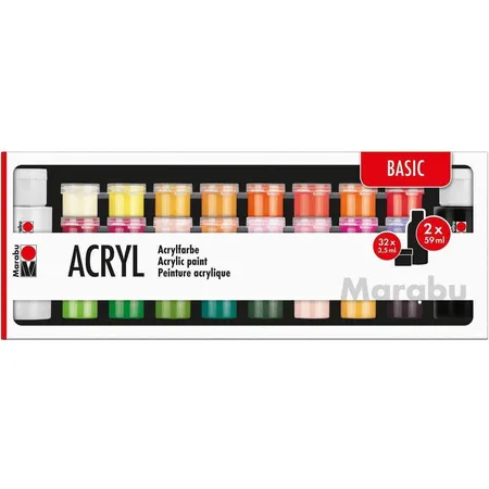 Marabu Acrylfarben 34er-Sortierung BASIC, 32 x 3,5 ml & 2 x 59 ml