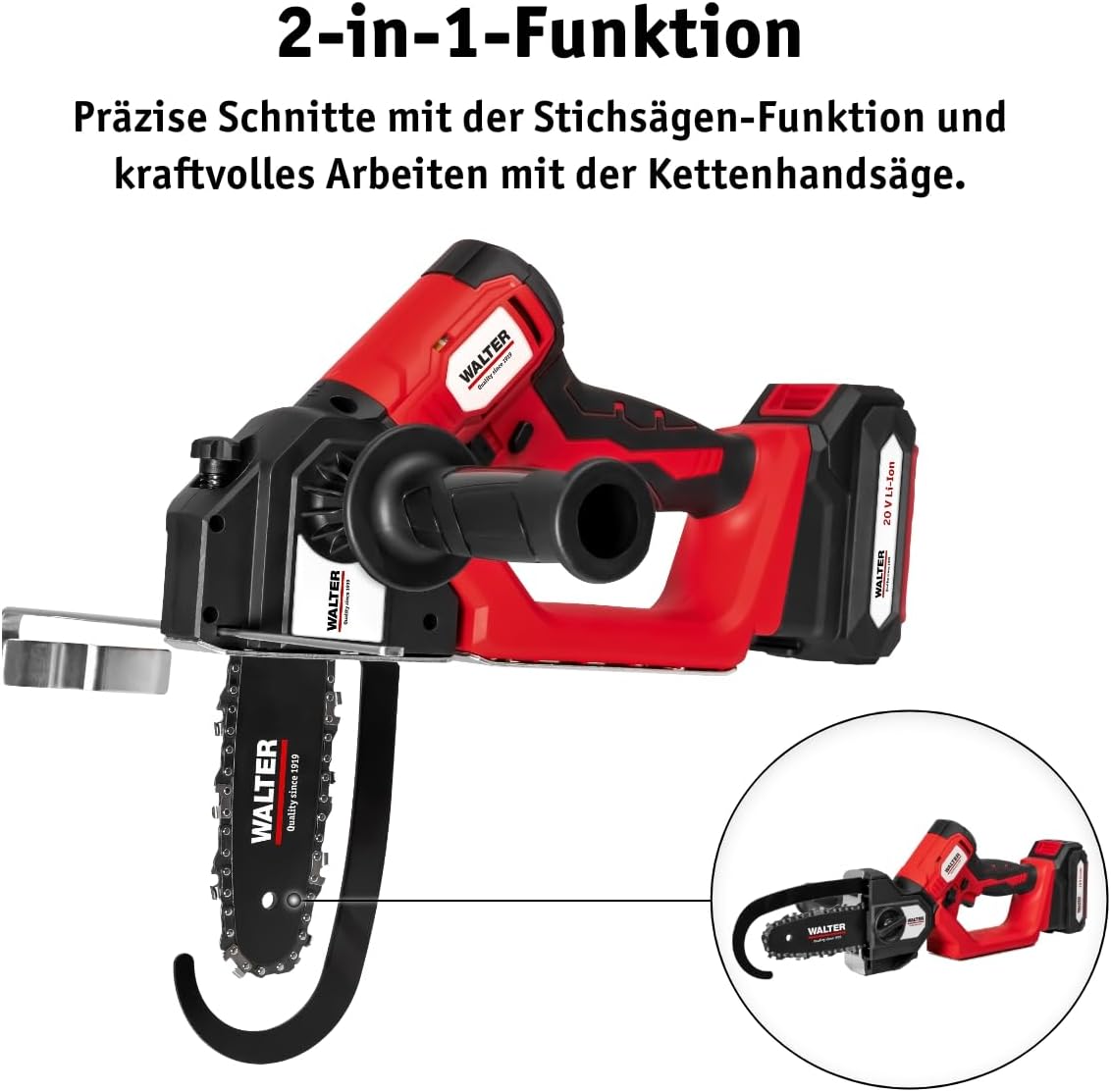 WALTER Akku-Kettensäge & Stichsäge 2-in-1 20V Li-Ion Bürstenloser Motor, schwenkbarer Kopf, 120 mm Schnittleistung Rückschlagschutz & Soft-Grip Für Holz Äste Baumzuschnitt | Akku & Schnellladegerät