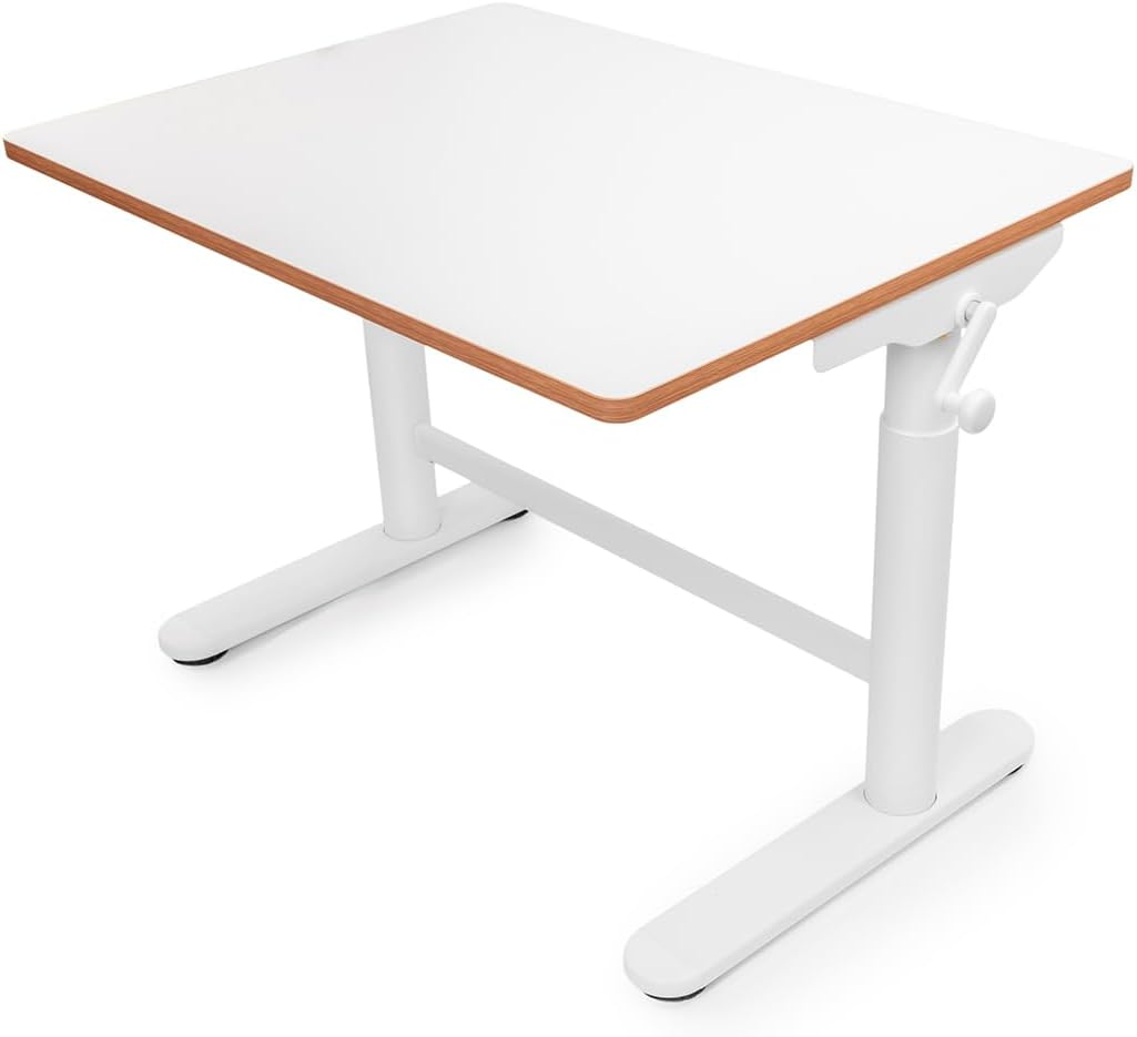 Spacetronik Kinderschreibtisch Höhenverstellbar Manuell 80x60 cm, Ergonomischer Kindertisch mit Kurbel, ab 6 Jahren, Verstellbar 49–70 cm, Abgerundete Ecken, 40 kg Belastbarkeit, Rucksackhaken