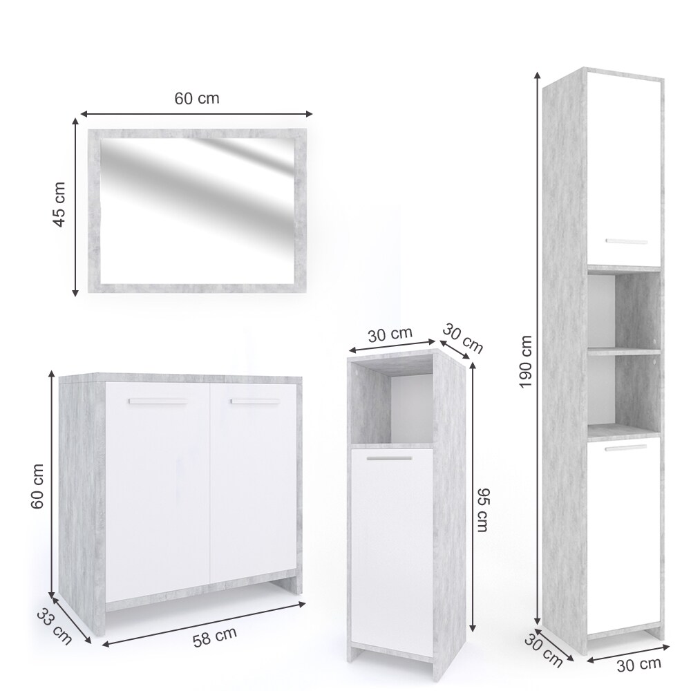 Vicco Badmöbel Set Kiko Badezimmer Spiegel Kommode Unterschrank Weiß / Beton