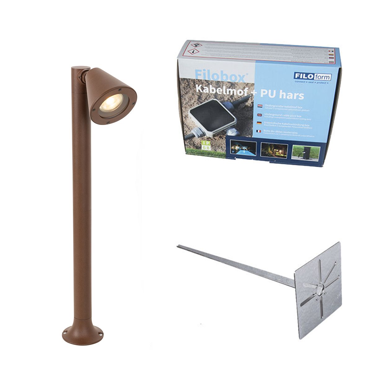 Buiten paaltje roestbruin met grondpin en kabelmof 60cm IP44 - Ciara
