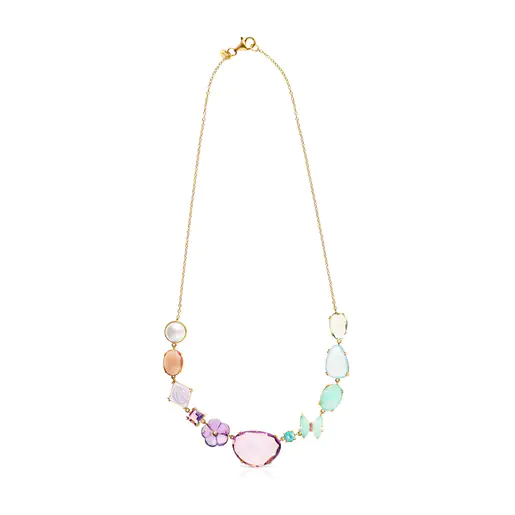 Colar de ouro com onze gemas multicoloridas e pérolas Vita.