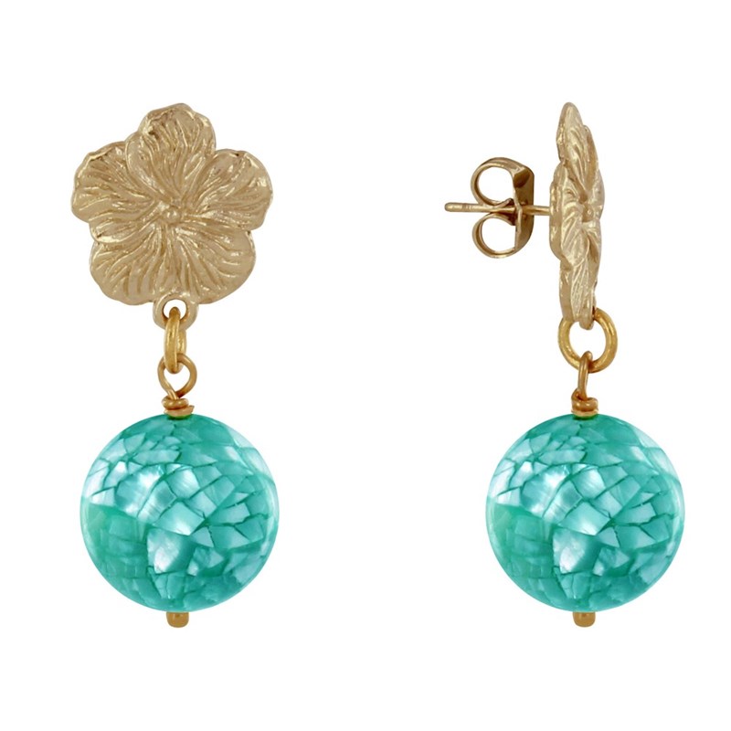 Boucles d'Oreilles Clous Métal Doré Fleur et Perle de Nacre Facettée