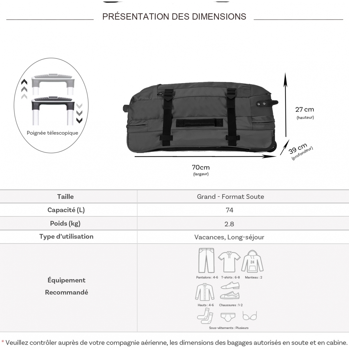 David Jones Sac de voyage cabine à roulettes 74L double compartiment David Jones taille L 70cm