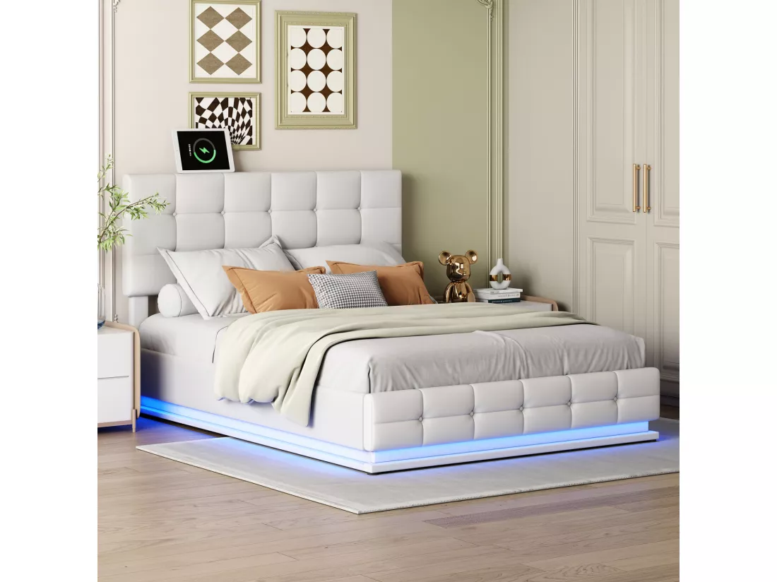 Lit coffre 140x200 cm avec tête de lit carré, éclairage LED et coffre de lit, relevage hydraulique, sommier à lattes, lit adulte style contemporain, simili cuir - Blanc