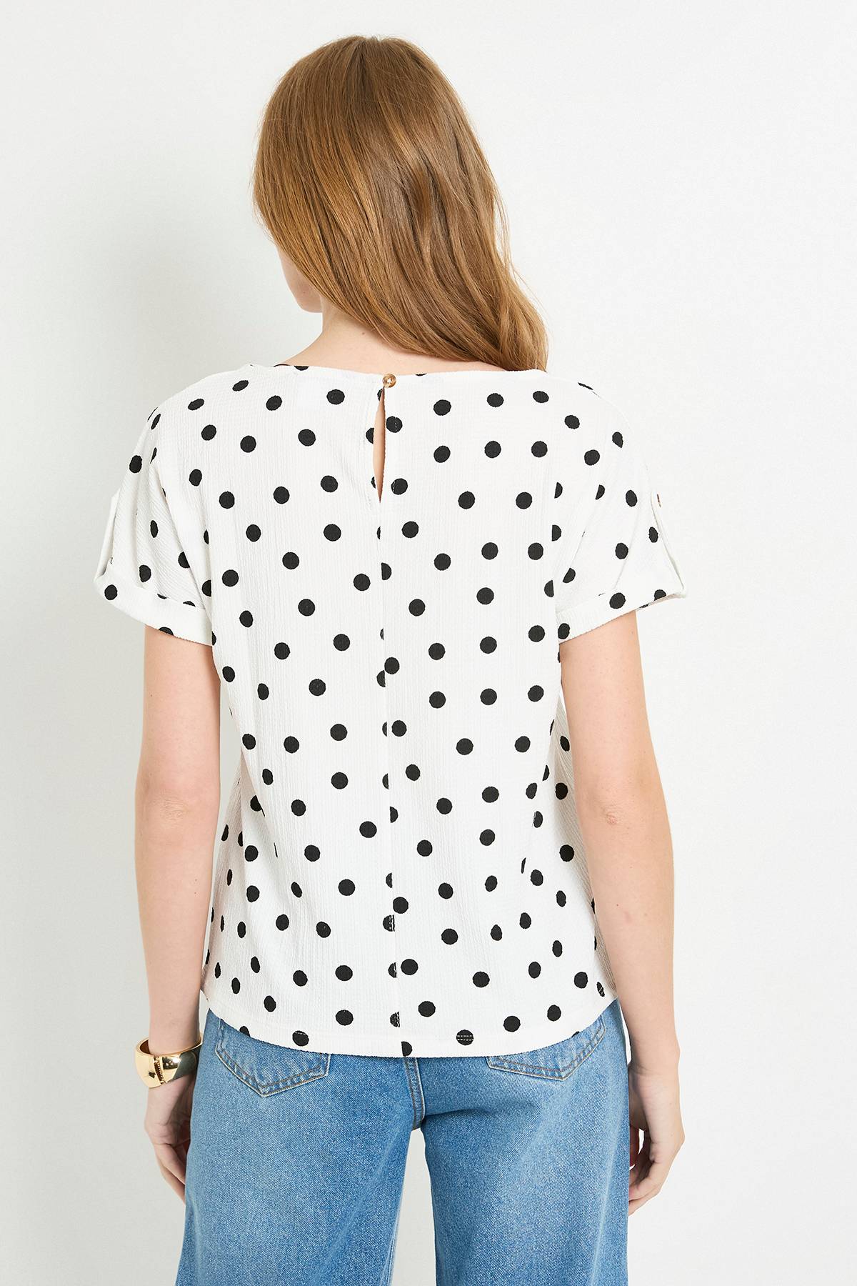 Wallis T-shirt À Pois En Jersey Avec Manches Retroussées Et Boutons