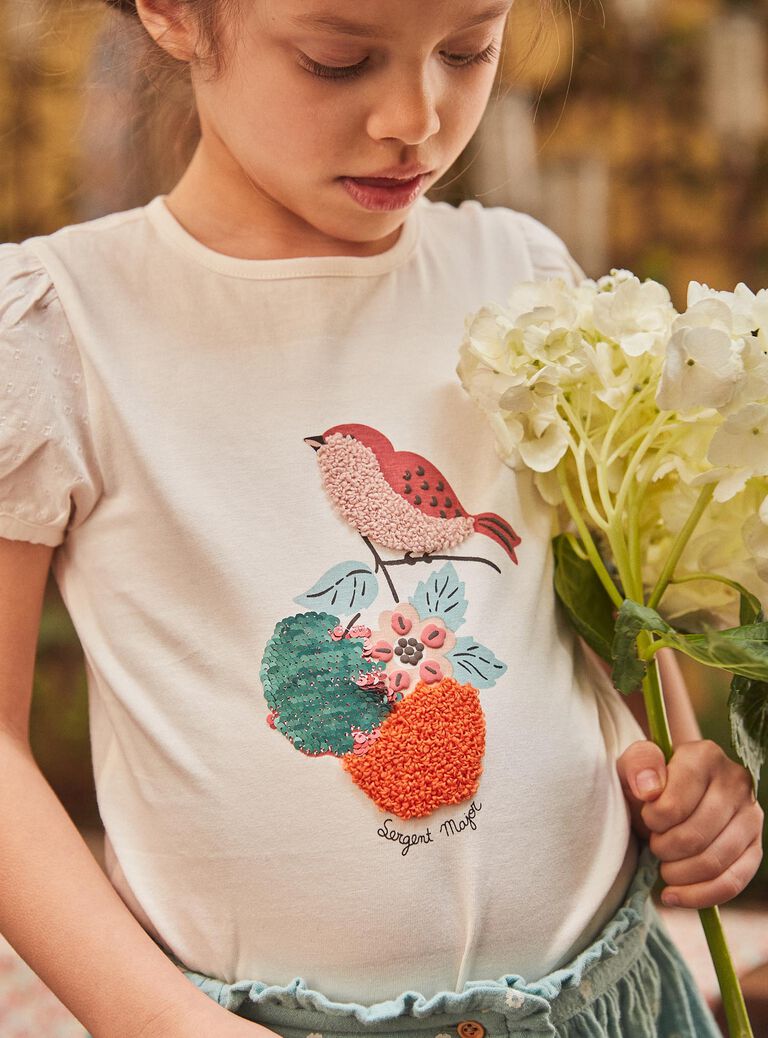 T-shirt bi matière ivoire à motif oiseaux