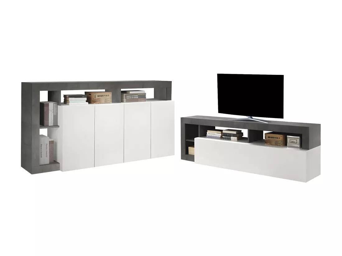 Ensemble Buffet et Meuble TV - Blanc laqué et béton - Séjour contemporain SEFRO