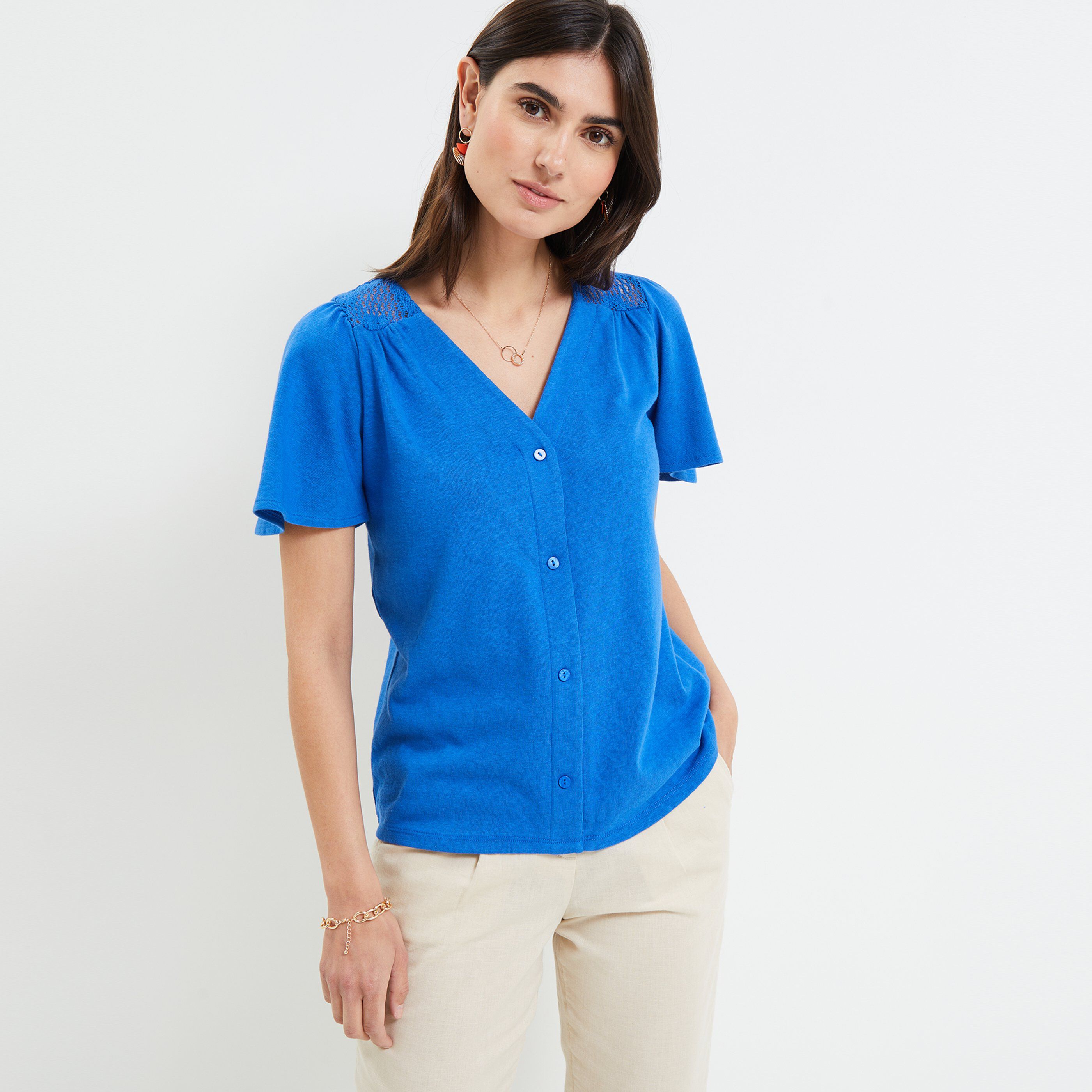 T-shirt manches courtes à smock - BLEU