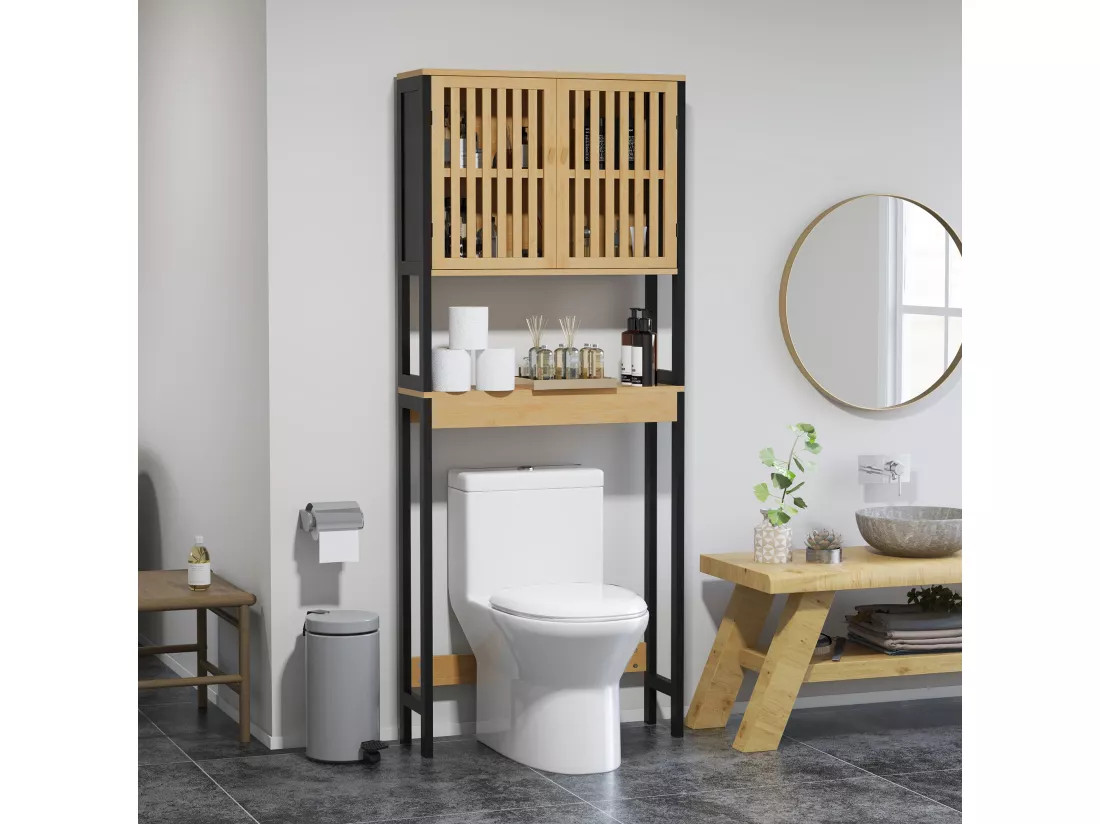 Meuble étagère dessus WC - 2 portes, 2 étagères - MDF noir bois bambou verni
